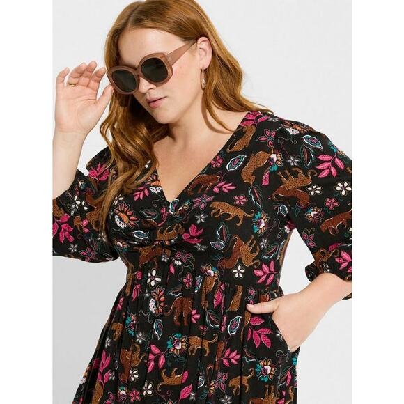 TORRID Twist Front Babydoll Dress Leopard Floral Botanical Print Size 00 (M/10) - Picture 3 of 10